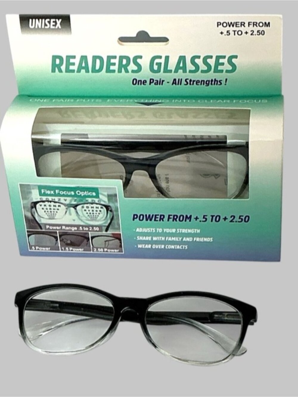Readers 2 Pair Auto Flex Focus Magnification .5X through 2.5X Unisex Black - Picture 16 of 16